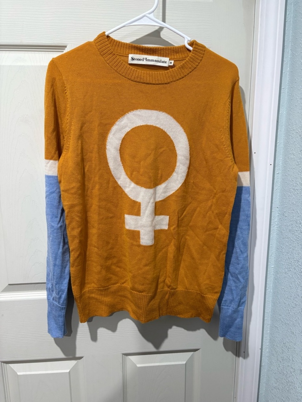 Stoned Immaculate Women's Mustard and Light Blue Symbol Sweater